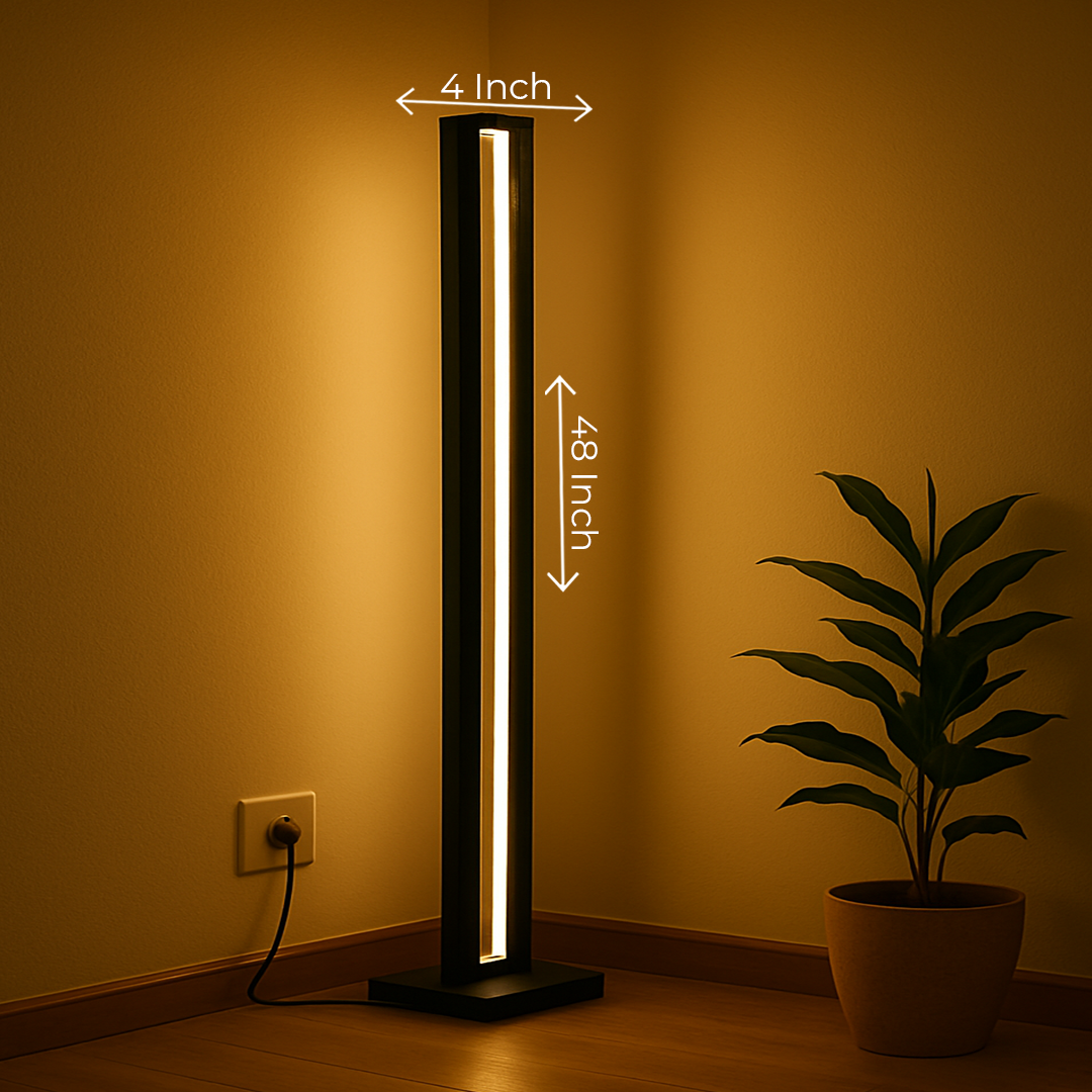 Angled shot highlighting the lamp’s tall structure and glow