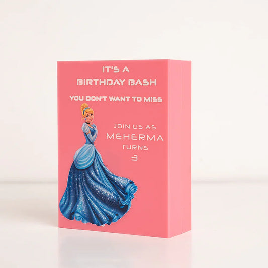 Side angle of acrylic birthday box with Cinderella-inspired design