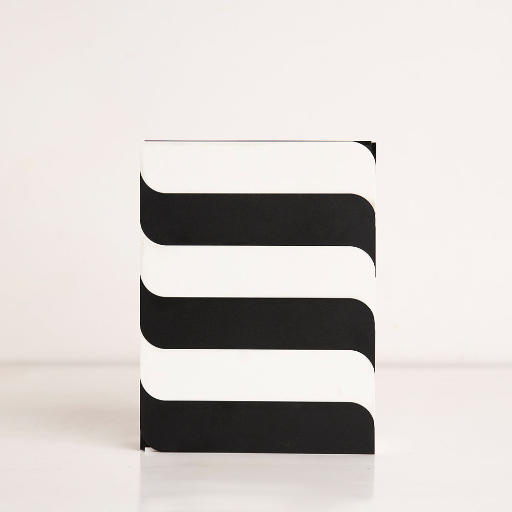 Front view of black and white striped acrylic gift box