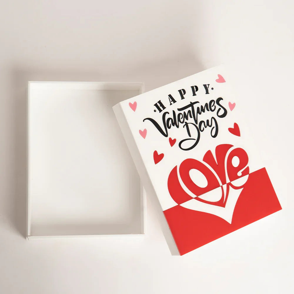 Open view of elegant, reusable acrylic Valentine’s gift box