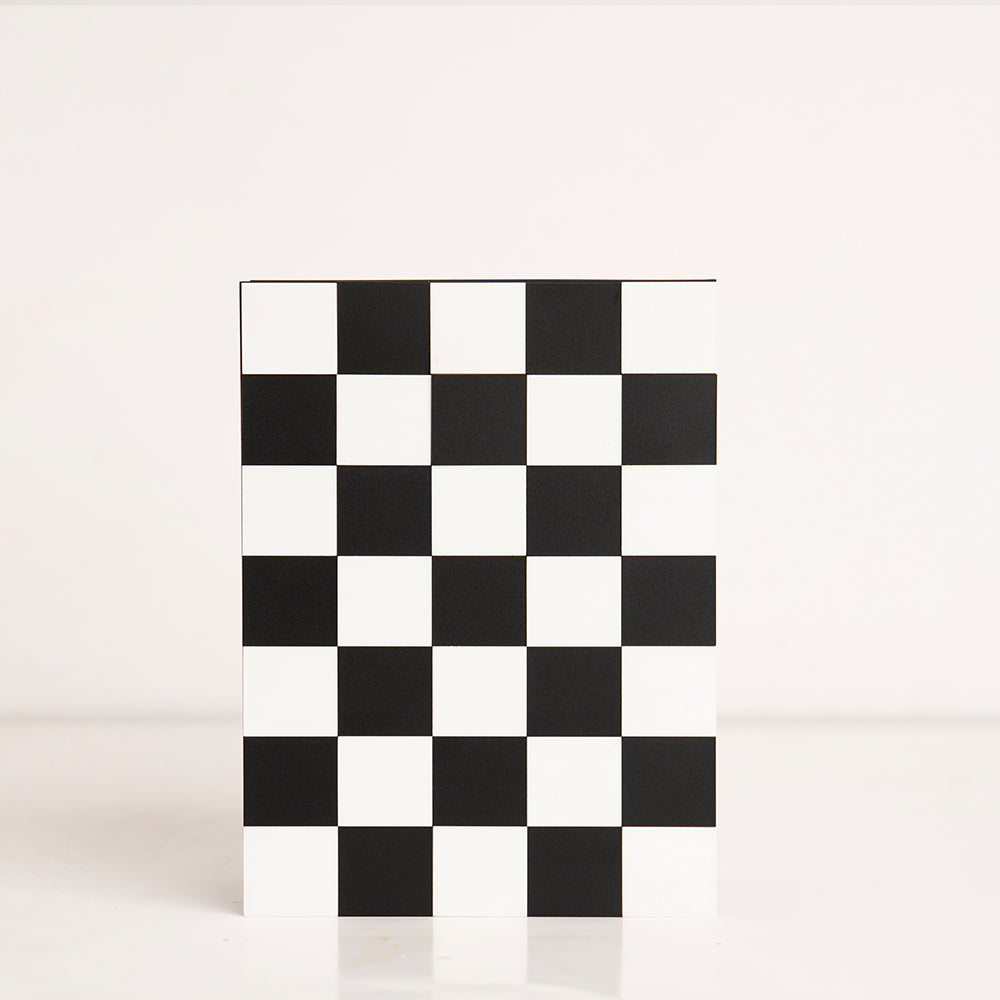 Front view of chess-themed acrylic gift box with luxury finish