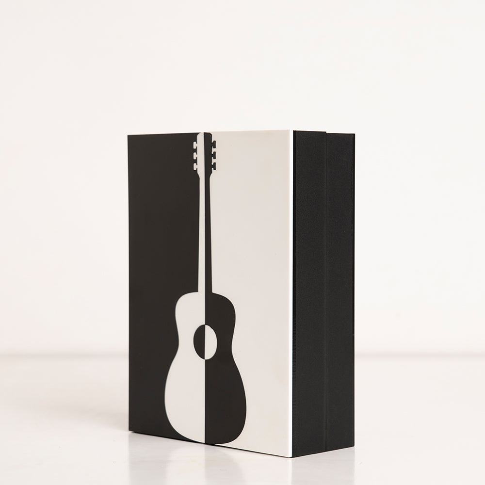 Side angle of reusable music-themed gift box for birthdays