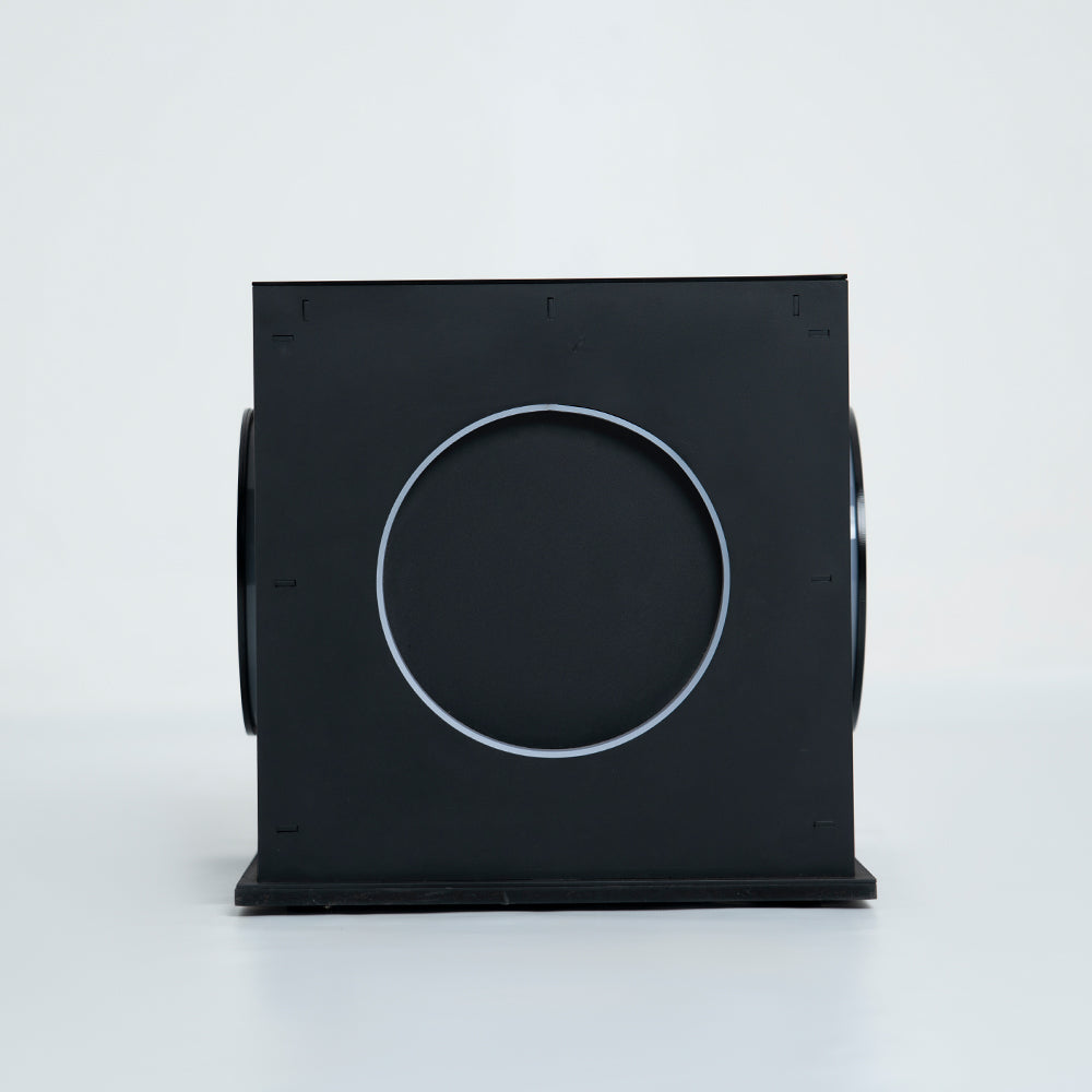 Front view of Ambiance Box Lamp with smooth cube design and soft lighting