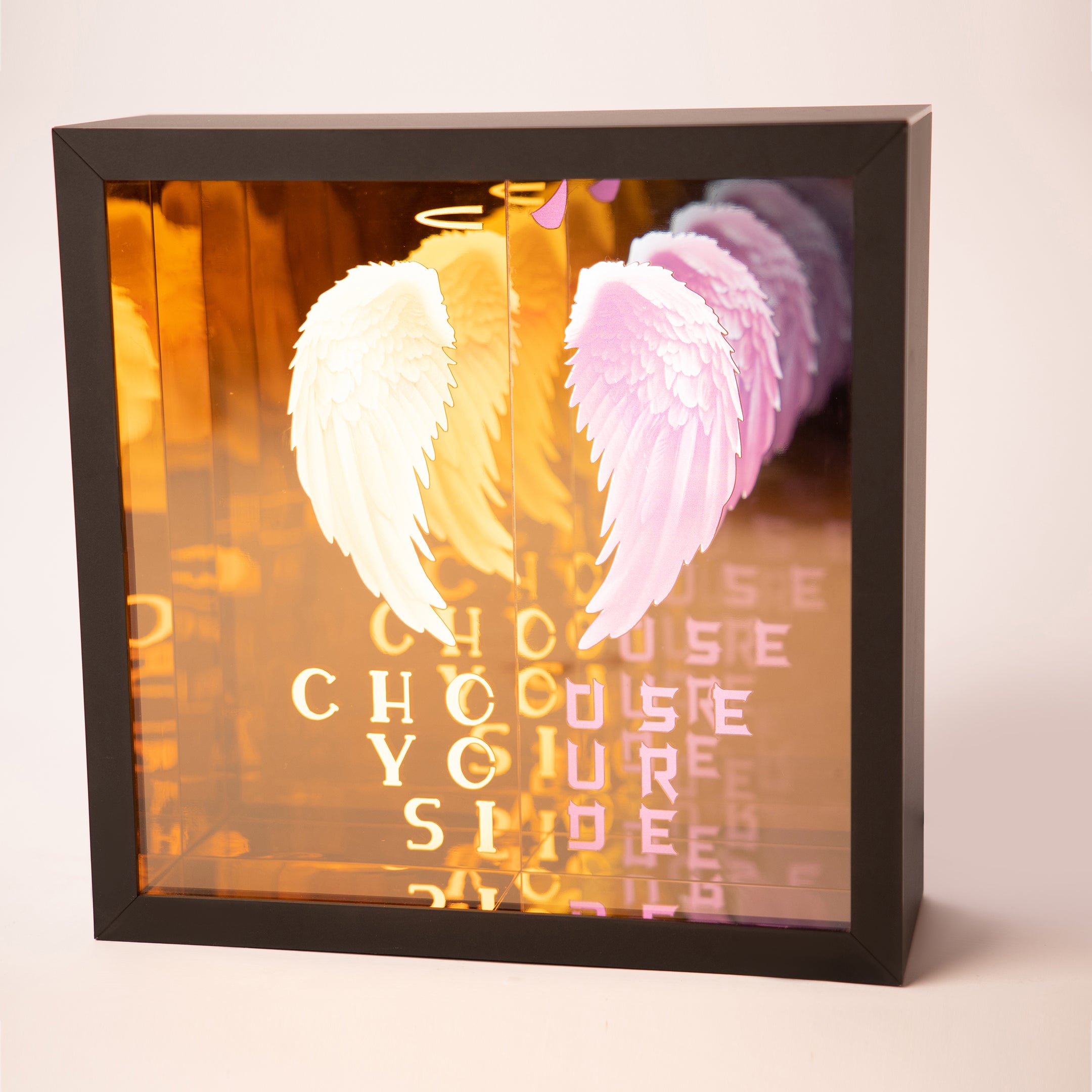 Angled choose your side Infinity Mirror with full LED light tunnel background