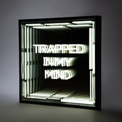 Front shot of Trapped In My Mind Infinity Mirror with deep glowing tunnel