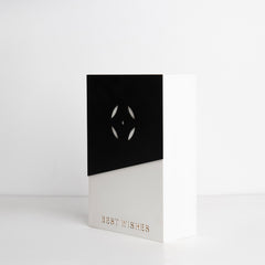 Angled image showcasing the monochrome design and sleek finish