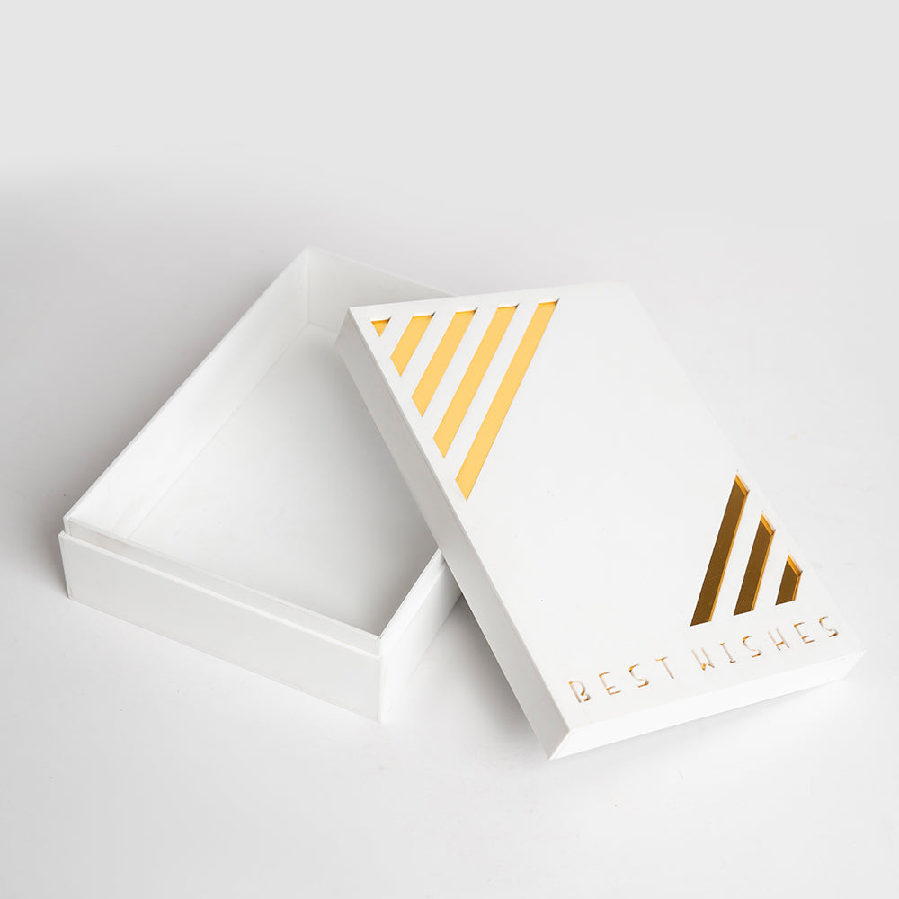 Open box showcasing spacious interior with golden strip detail