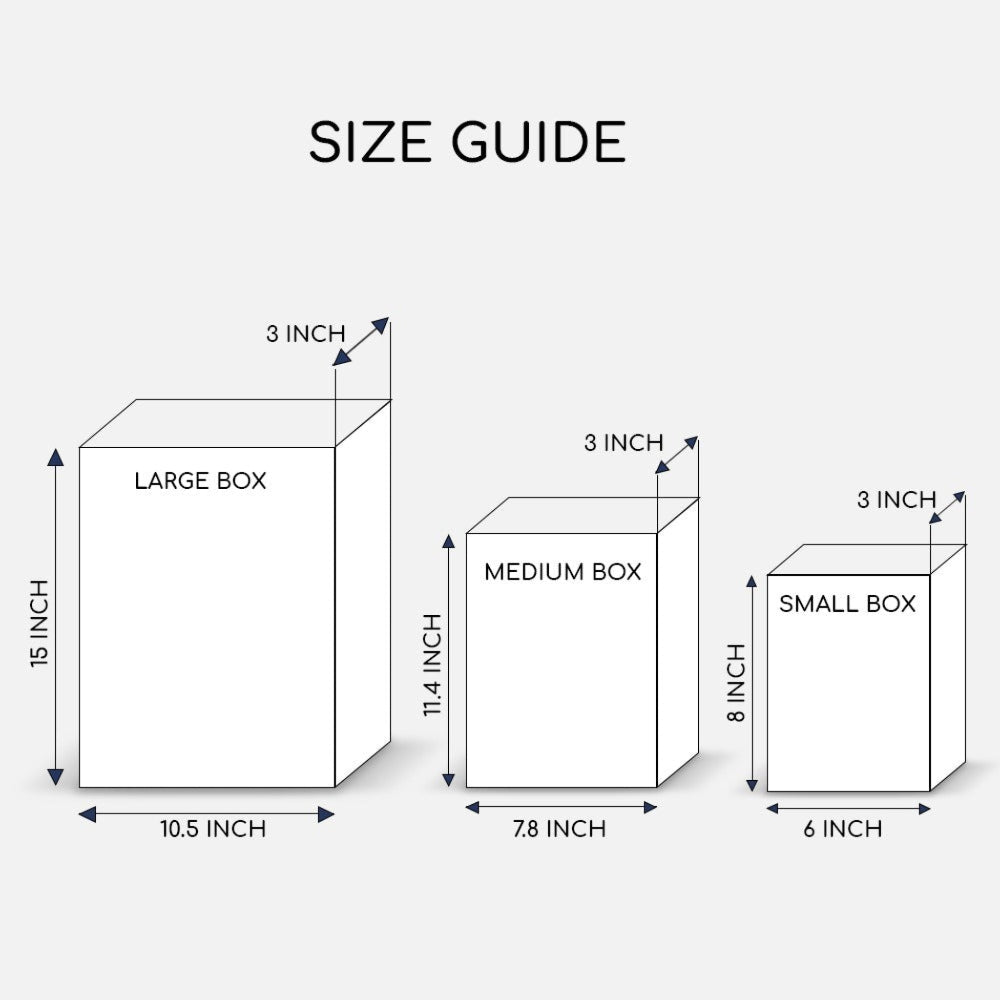Size guide for large, medium, and small boxes with dimensions labeled.