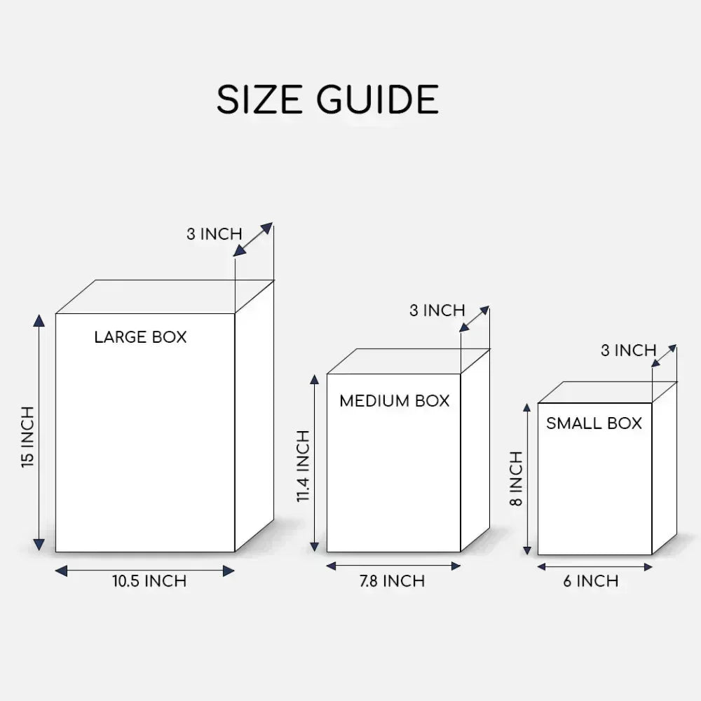 Size guide for large, medium, and small boxes with dimensions labeled.