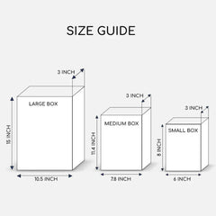 Size guide for large, medium, and small boxes with dimensions labeled.