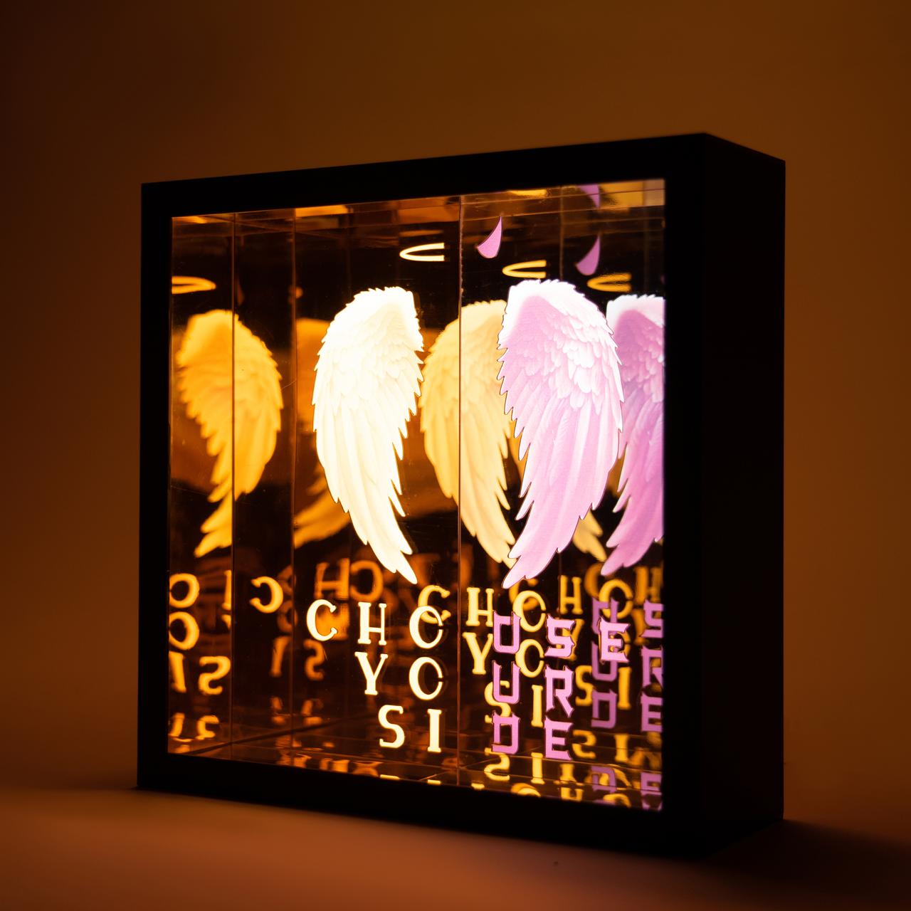 Angled choose your side Infinity Mirror with full LED light tunnel background
