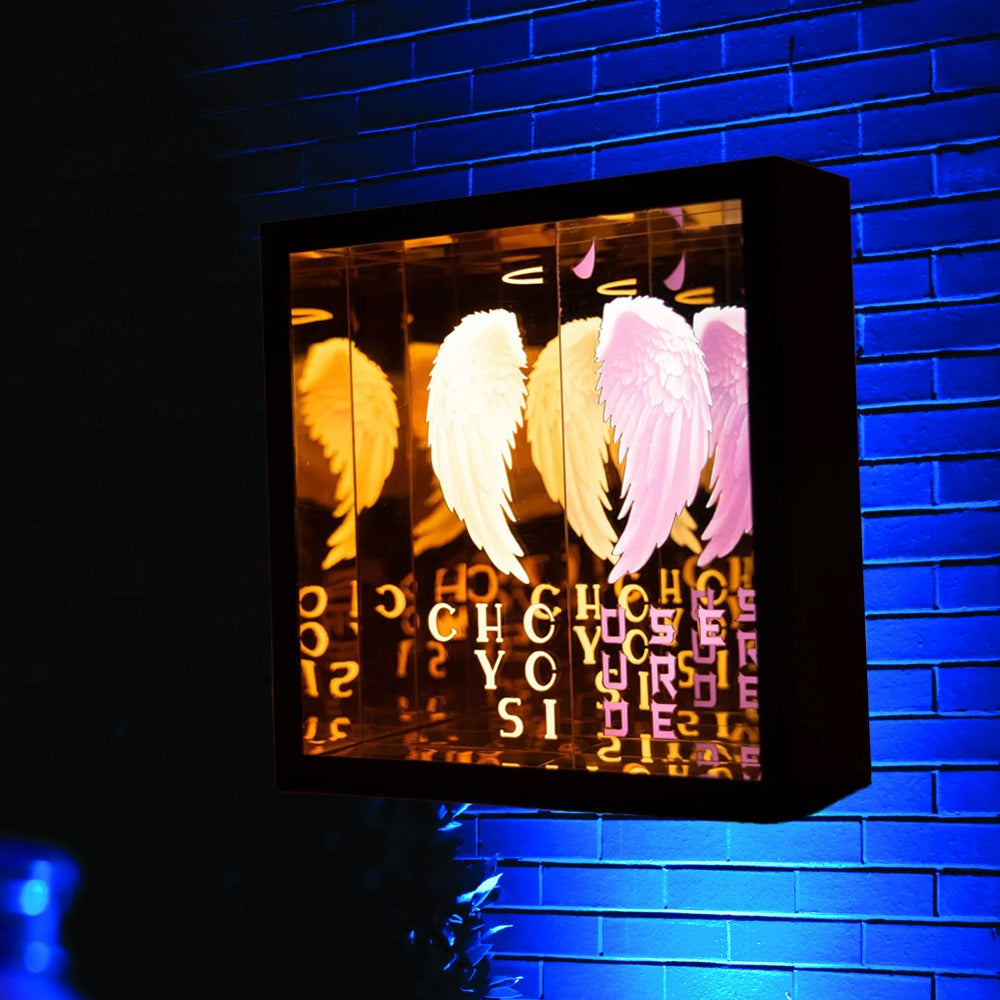 Angled choose your side Infinity Mirror with full LED light tunnel background