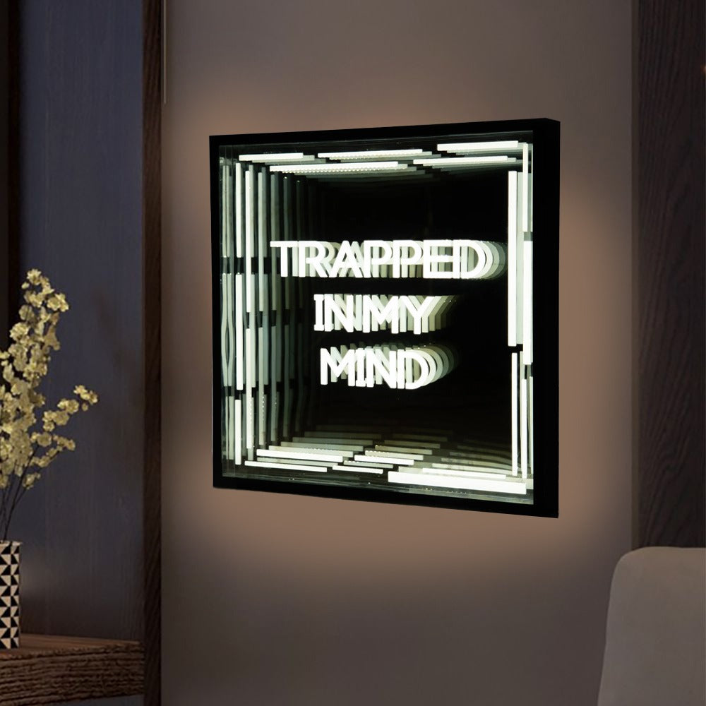 Front shot of Trapped In My Mind Infinity Mirror with deep glowing tunnel