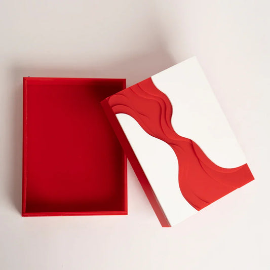 Open view of reusable red and white acrylic gift box for special occasions