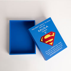 Open acrylic birthday box customized with superhero theme for boys