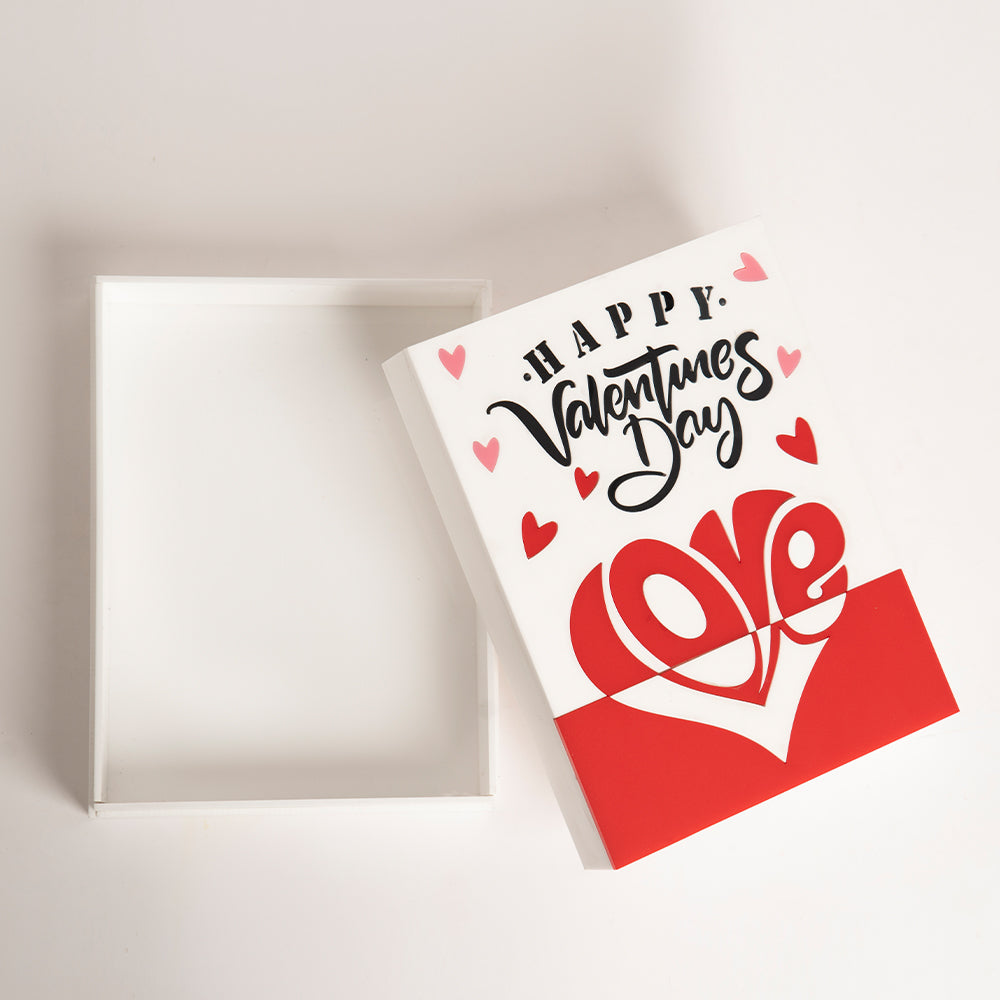 Open view of elegant, reusable acrylic Valentine’s gift box