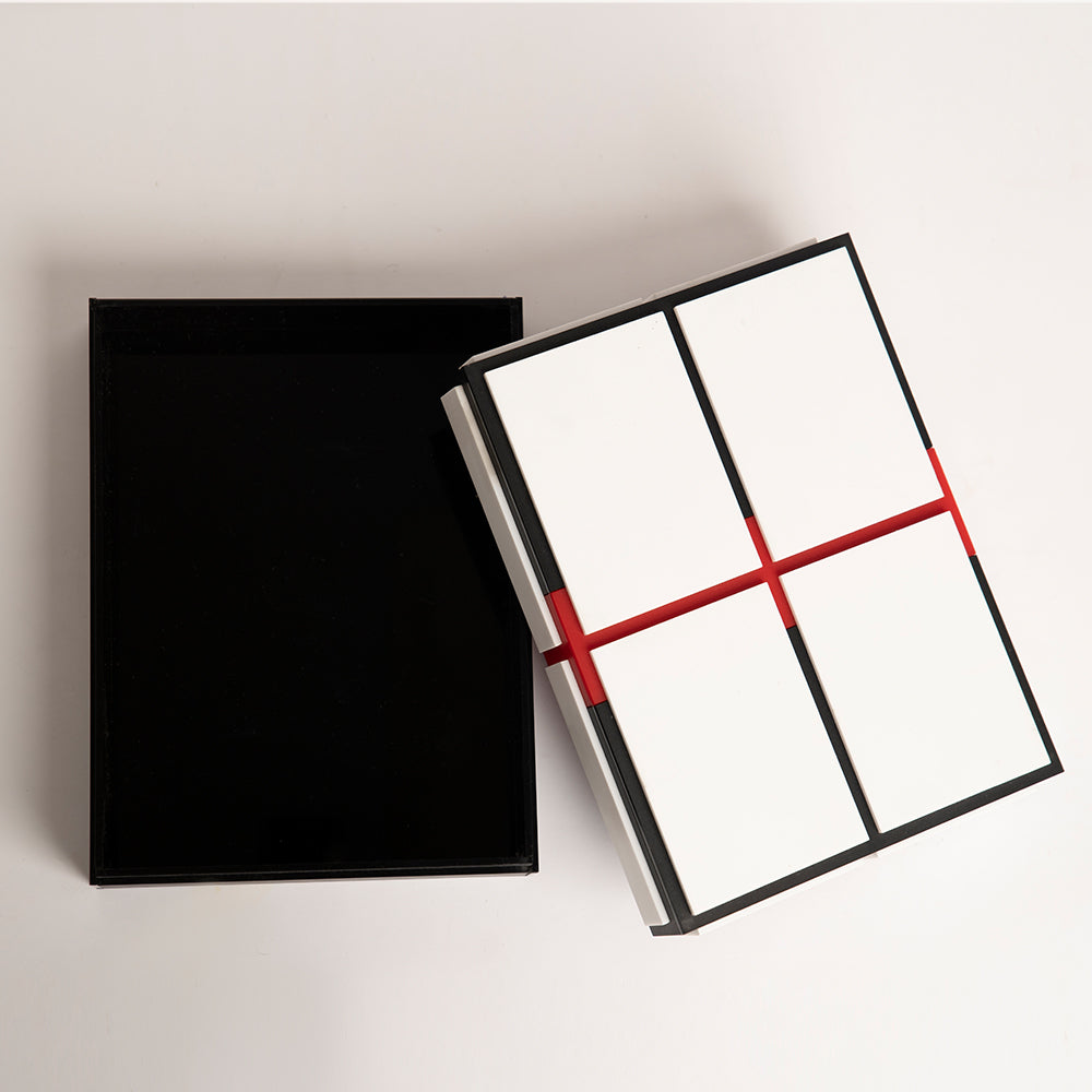 Top view of elegant reusable gift box with red, black & white finish