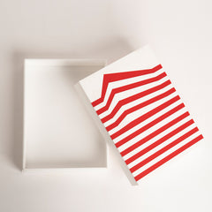 Top-down look at reusable Scarlet Ivory Striped Gift Box, perfect for gifting