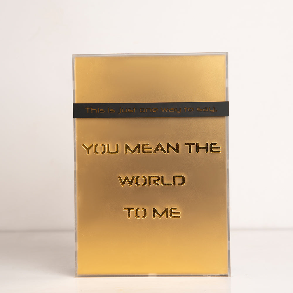 Front view of large acrylic gift box with “You Mean The World To Me” design