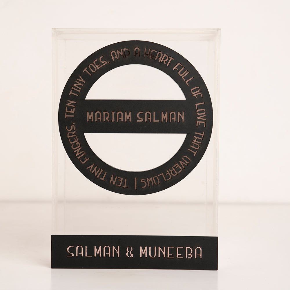 Front view of clear oversized acrylic gift box for newborn