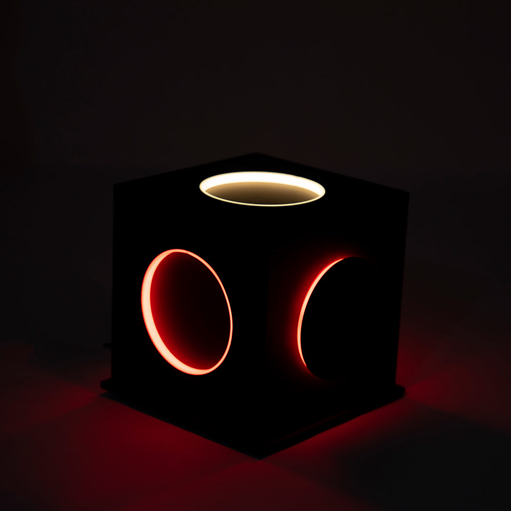 Angled view showing depth and structure of the cubic lamp