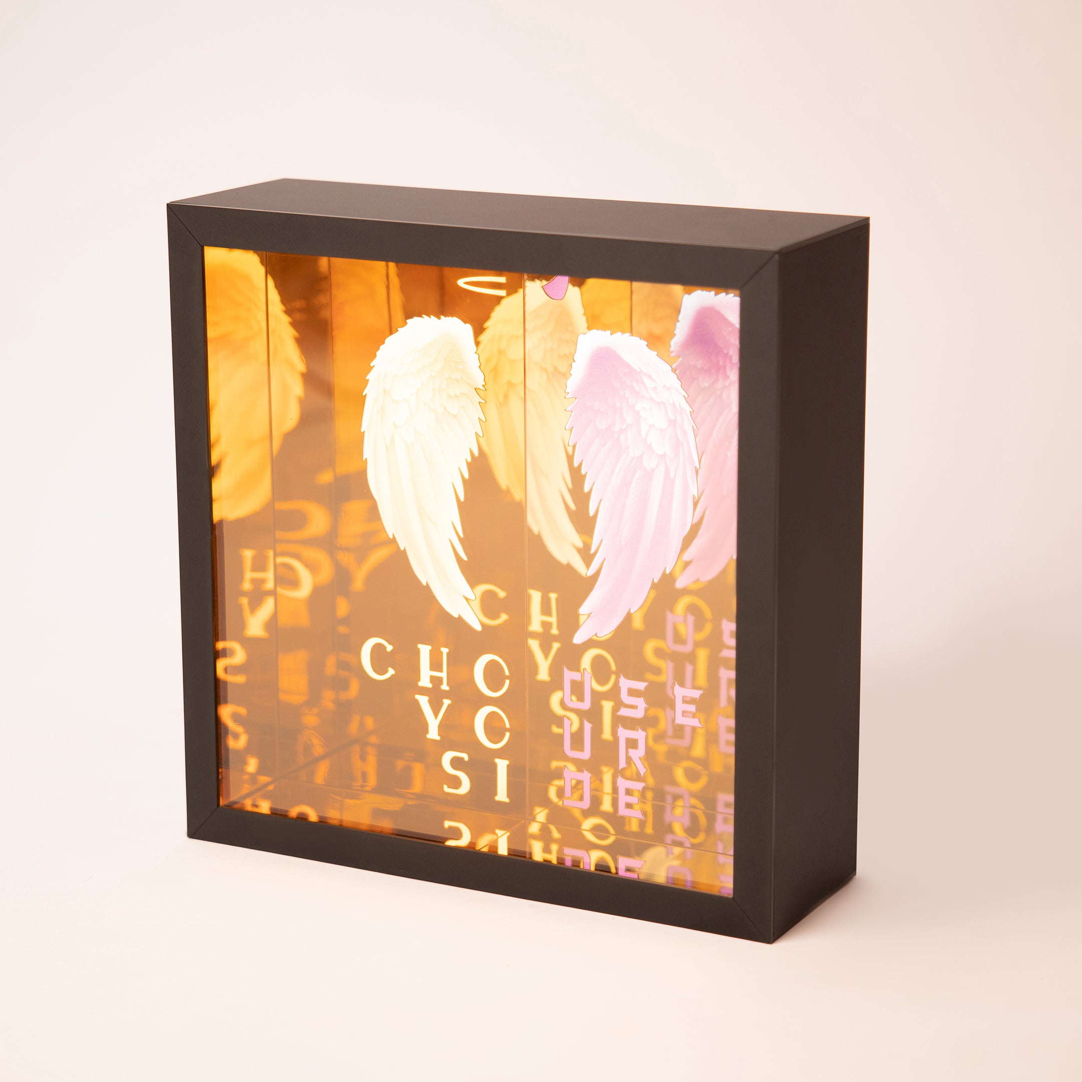 Angled choose your side Infinity Mirror with full LED light tunnel background