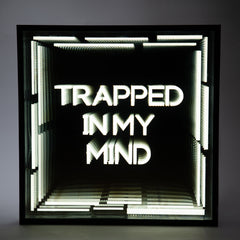 Front shot of Trapped In My Mind Infinity Mirror with deep glowing tunnel