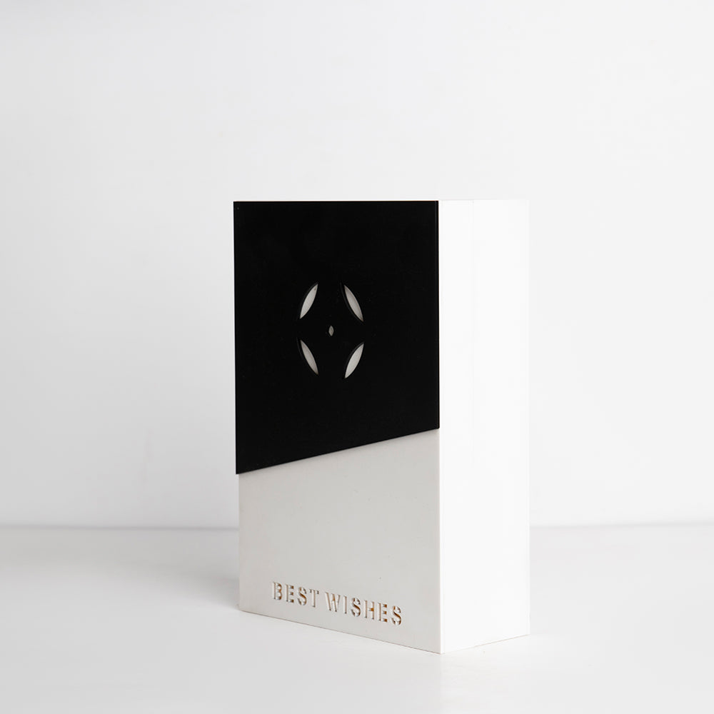 Angled image showcasing the monochrome design and sleek finish