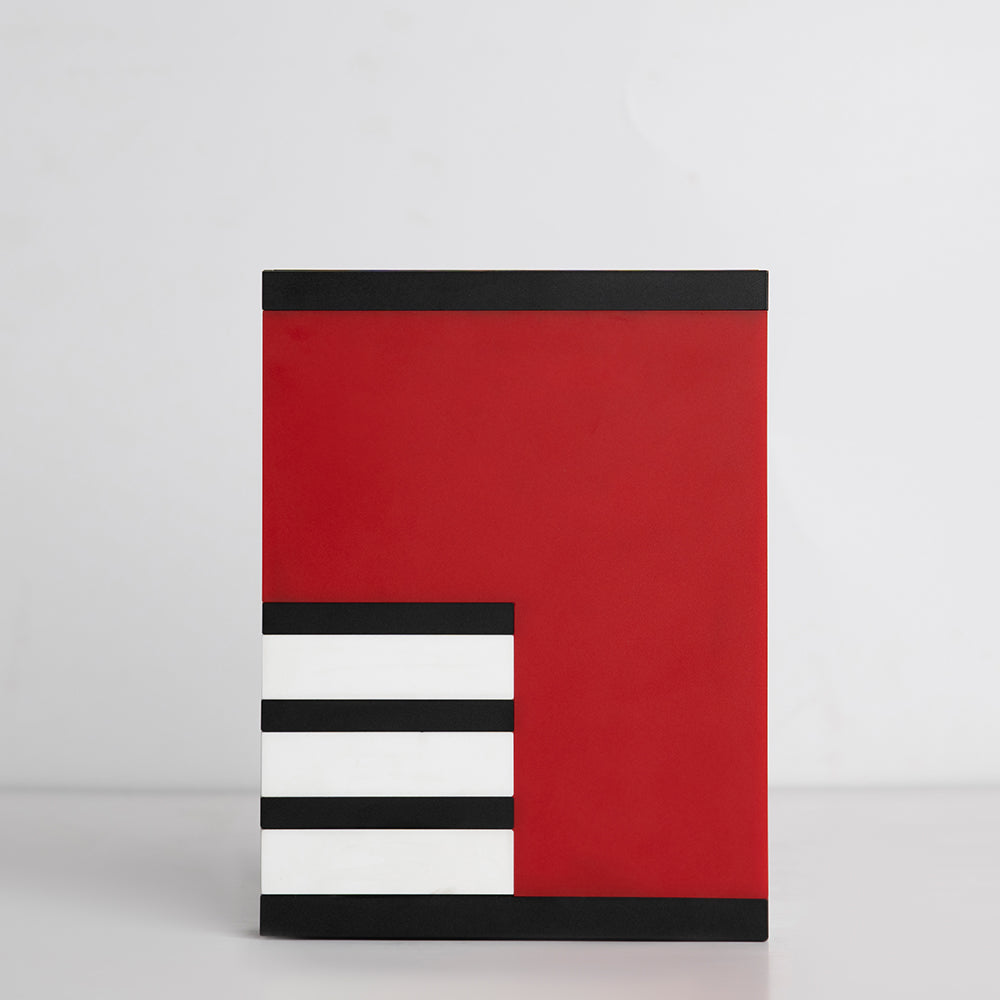 Front view of red, black, and white striped acrylic gift box