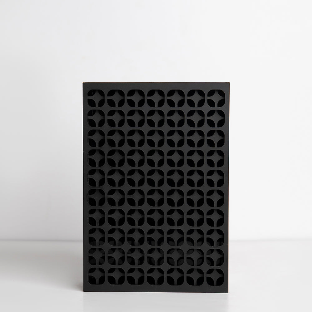 Front view of oversized acrylic gift box with bold Mercedes-style pattern