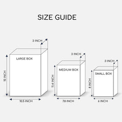 Size guide for large, medium, and small boxes with dimensions labeled.